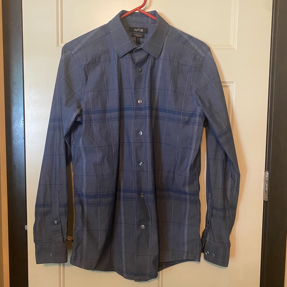 Men’s Apt. 9 Premier Flex Slim Fit Blue Plaid Dress Shirt Medium 15 1/2 34/35